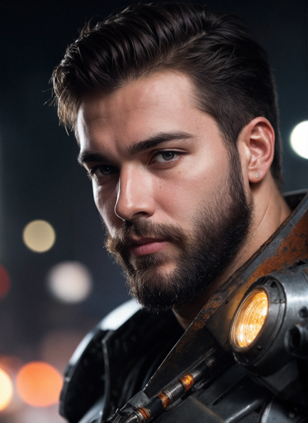 Close-up portrait of a bearded man in a futuristic mech suit