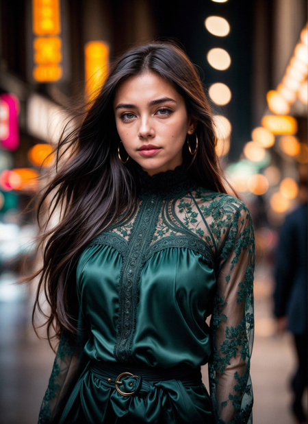 A young woman with long brown hair poses in a green satin dress in a city at night