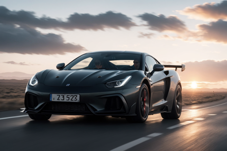 A sleek, dark-grey supercar speeds down a highway at sunset