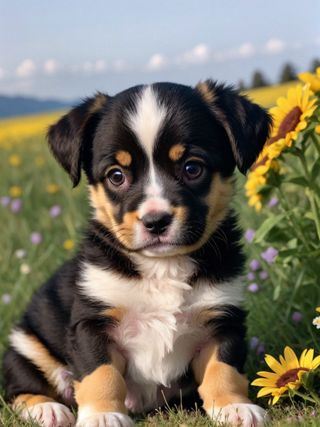 Adorable puppy in a field of sunflowers