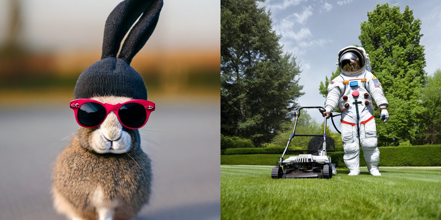 A stylish rabbit and an astronaut mowing the lawn, showcasing Stable Diffusion 2.0's creative capabilities