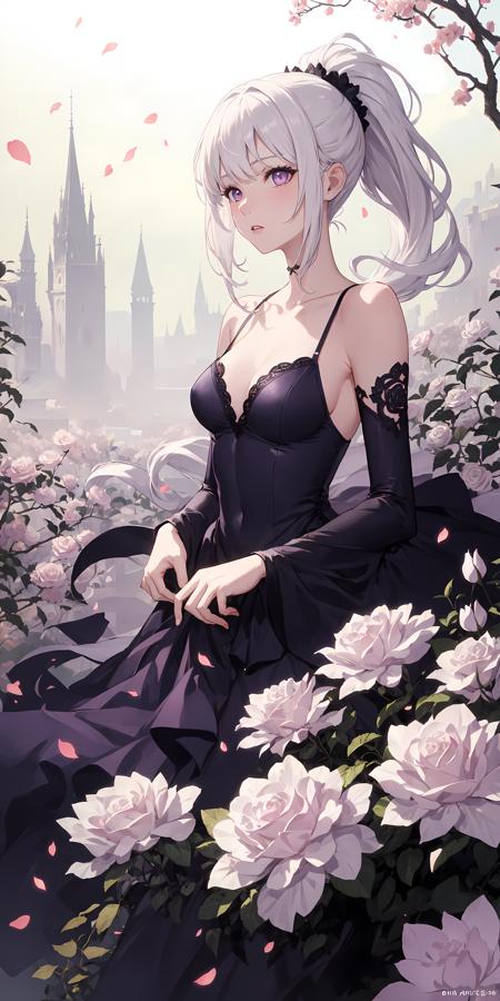 Anime-style woman in an elegant dark dress