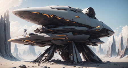 A futuristic spaceship lands on a desolate alien planet