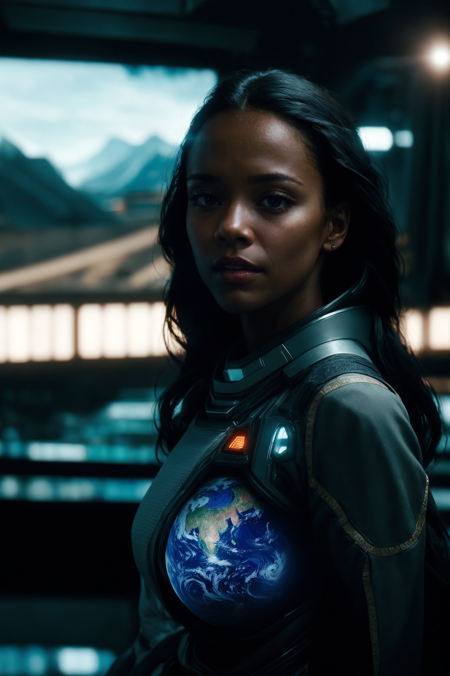 Photorealistic image of a dark-skinned woman in futuristic attire