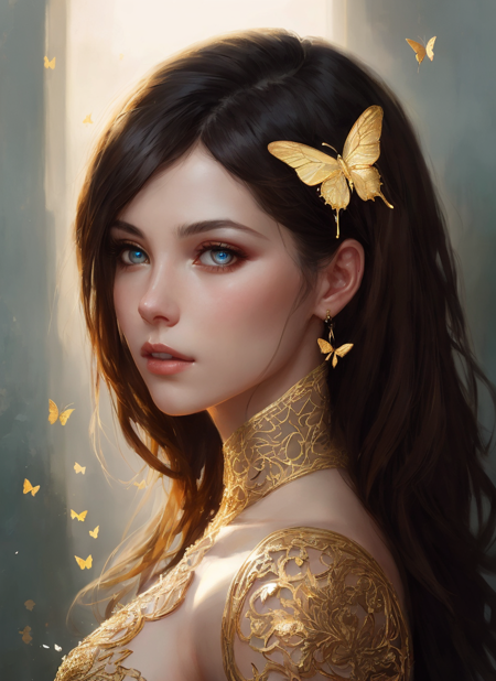 A stunning 8k portrait of a cyborg woman with flowing brown hair, adorned in gold accents and butterfly jewelry
